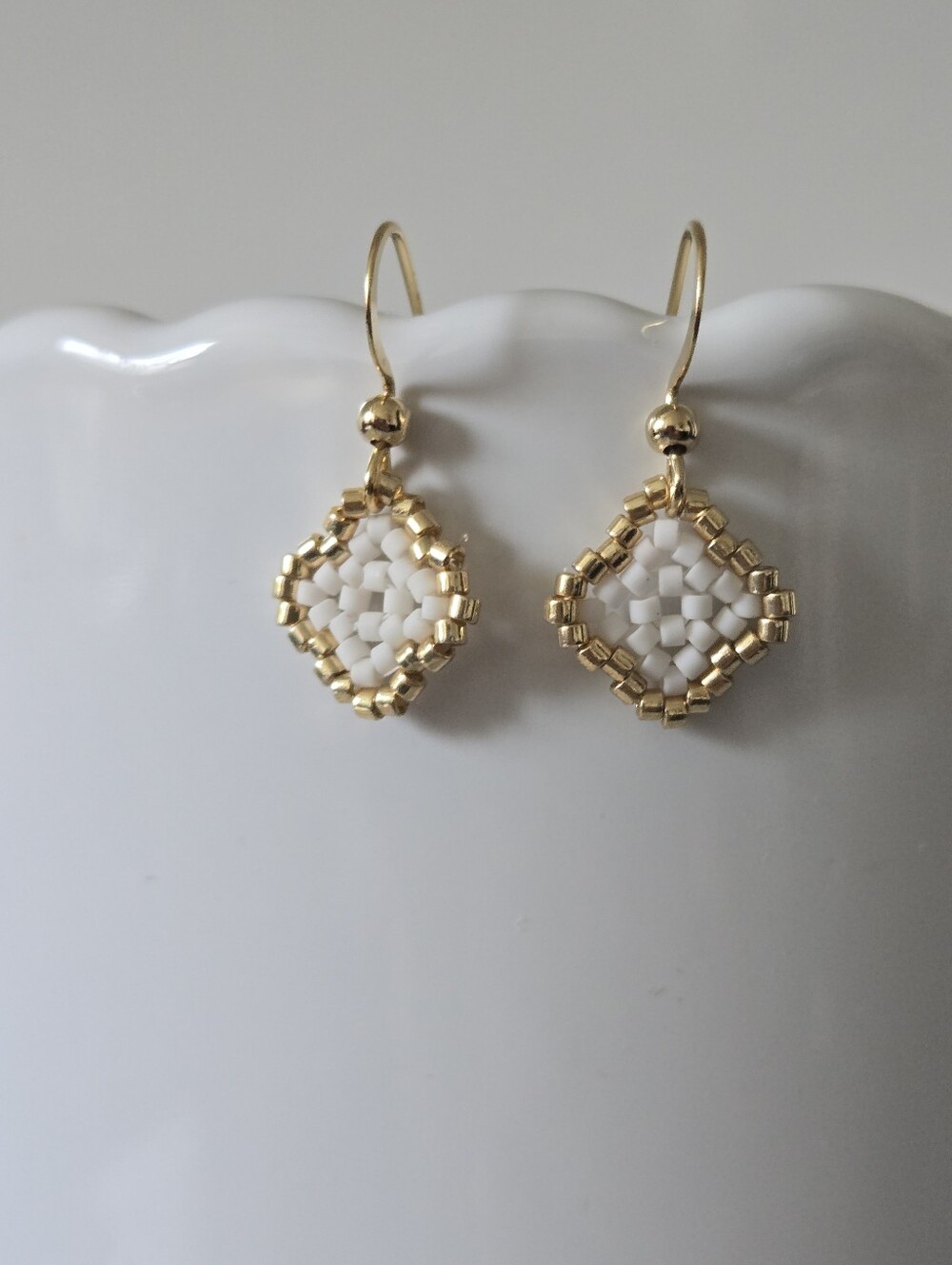 New Handmade Gold and White Beaded Drop Earrings